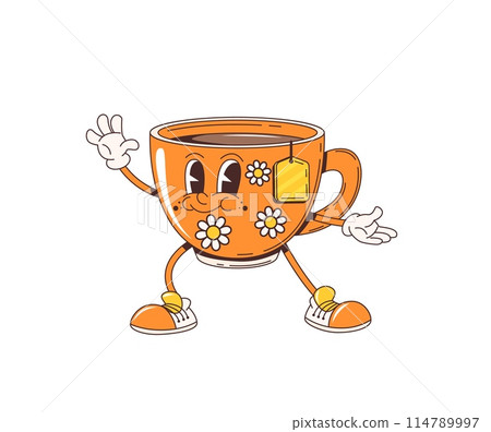Cartoon retro groovy herbal tea cup character with funky face, vector 70s hippie or comic art. Groovy cartoon funny tea cup or mug with teabag and daisy flowers ornament with happy emotion smile 114789997