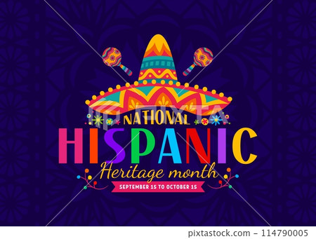 Sombrero hat and maracas for national Hispanic heritage month holiday, vector banner. Hispanic Americans and ethnic Latin national day of culture and art with sombrero and maracas background 114790005