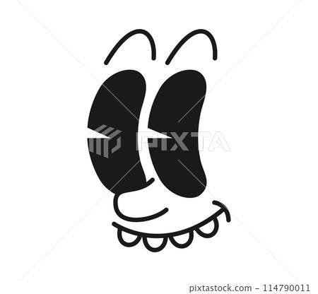 Cartoon comic groovy face, funny eye emotion and retro cute emoji, vector character. Groovie face emoticon with wow goggle eyes look and crooked teeth, retro funky groovy face emoji with expression 114790011