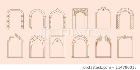 Boho arch door frames vector set. Ornate archways and doorways inspired by islamic architectural styles, arched entrances with columns, decorative brickwork patterns, arab mosques traditional motifs 114790015