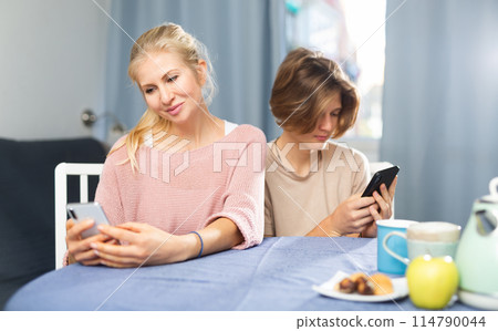 Positive woman and her teenage son looking absorbedly at phones at table Positive woman and her teenage son looking absorbedly at phones at table 114790044
