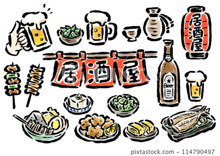 居酒屋門簾、燈籠、酒精和零食刷觸手繪插畫集 114790497