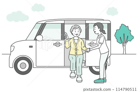 圖：一名老年婦女、一名護理人員和一輛福利車被送往護理機構或從護理機構送出 114790511