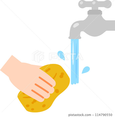 Water running from a tap and a hand holding a sponge 114790550