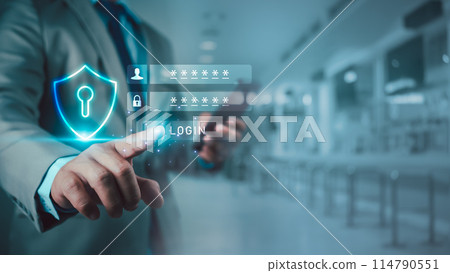 Businessman showing Symbolic shield represents protection against cybe rattacks and online hacking, Protection against external hacks, code protection security concepts, virus, firmware and malware. Businessman showing Symbolic shield represents protection against cybe rattacks and online hacking, Protection against external hacks, code protection security concepts, virus, firmware and malware. 114790551