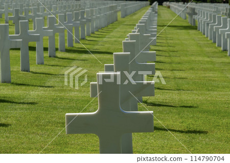 American cemetery at Normandy area. WWII memorial. Overhead view of lines of grave stones. High quality photo 114790704
