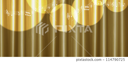Musical notes, gold curtains and spotlights, background material 114790725