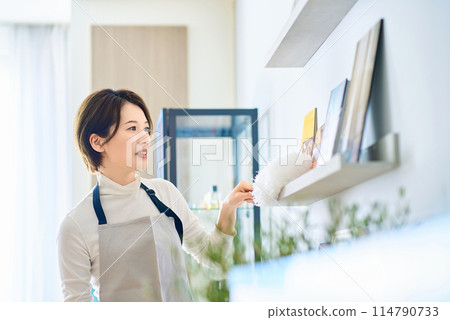 A woman cleaning dust from every corner of a room A woman cleaning dust from every corner of a room 114790733