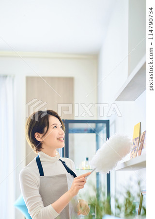 A woman cleaning dust from every corner of a room A woman cleaning dust from every corner of a room 114790734