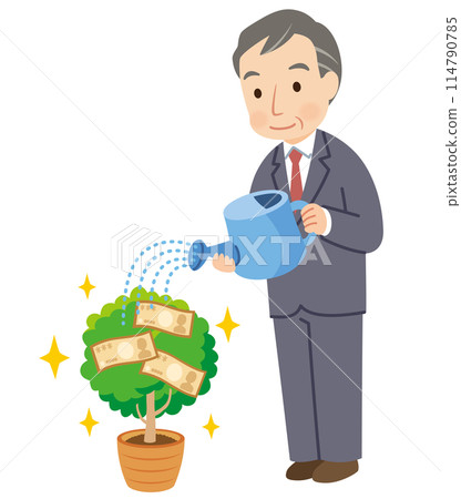 Middle-aged man watering a money tree, asset management, retirement funds 114790785