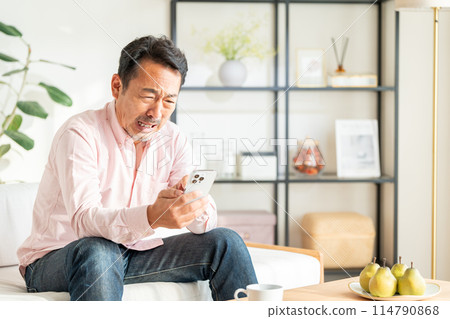 A middle-aged man operating a smartphone at home. A middle-aged man operating a smartphone at home. 114790868