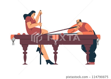 Billiards game competition vector flat illustration, couple players near the pool table with cue aiming at billiard ball 114790875