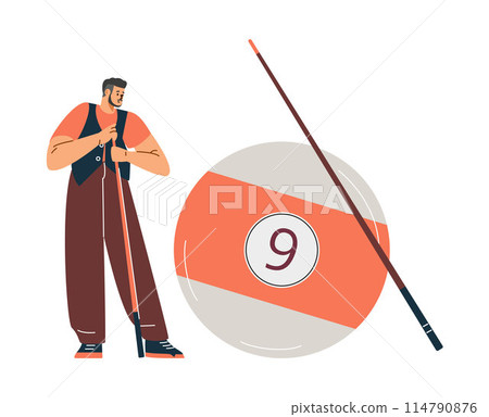 A male billiard player with a cue stands near a large billiard ball with the number six or nine. 114790876