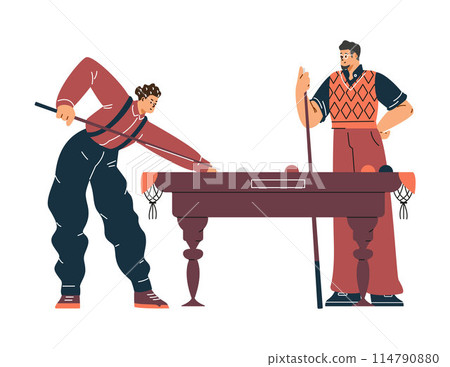 Billiard game - vector players with cues and table. Isolated background. 114790880