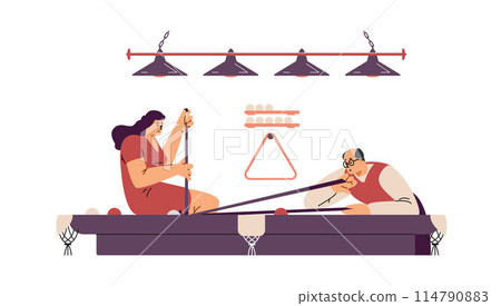 Billiards game competition vector flat illustration, man and woman players near the pool table with cue aiming at ball 114790883