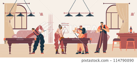 Billiards sport game competition in club vector flat illustration, players in pool room with cue aiming at billiard ball 114790890