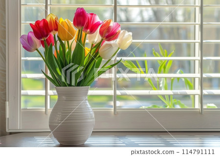 White Vase Filled With Colorful Tulips on Table 114791111