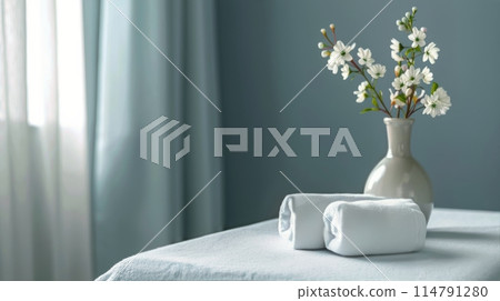 Wooden Bench With Towels 114791280