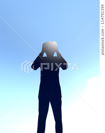 一個憂心忡忡的男人抱著頭的剪影 3D 插圖垂直 一個憂心忡忡的男人抱著頭的剪影 3D 插圖垂直 114791394