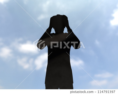 Black silhouette of a worried man holding his head 3D illustration horizontal Black silhouette of a worried man holding his head 3D illustration horizontal 114791397