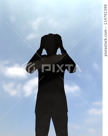 Black silhouette of a worried man holding his head 3D illustration vertical 114791399