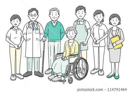 A full-body illustration of an elderly couple, a doctor, a nurse, a caregiver, and a care manager 114791464