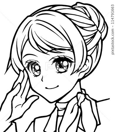 Coloring book illustration of a woman with updo and face 114791663