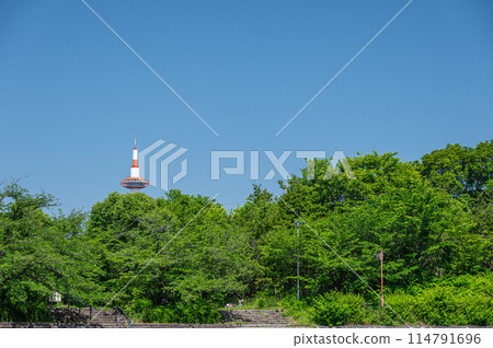 Kyoto Tower seen from the park along the Kamo River Kyoto Tower seen from the park along the Kamo River 114791696