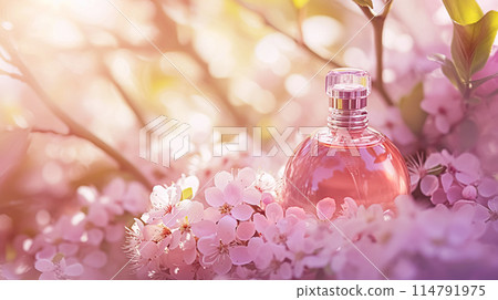 Perfume bottle with beautiful flowers. Floral background. Beauty concept. Flat lay, top view. 114791975