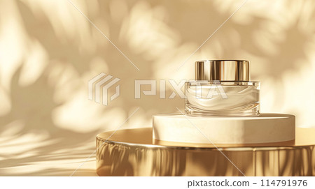 Face cream in a glass jar on a white and gold background. Skin care concept. Backdrop for beauty cosmetic products Face cream in a glass jar on a white and gold background. Skin care concept. Backdrop for beauty cosmetic products 114791976