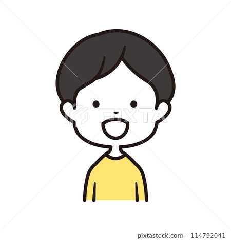 Illustration of a smiling kindergarten boy wearing a yellow cool neck shirt, upper body Illustration of a smiling kindergarten boy wearing a yellow cool neck shirt, upper body 114792041