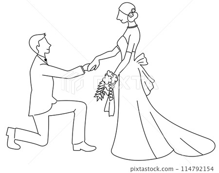 Line drawing of a groom kneeling and taking the bride's hand 114792154