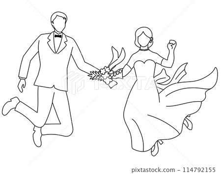 Line drawing of a bride and groom jumping hand in hand Line drawing of a bride and groom jumping hand in hand 114792155