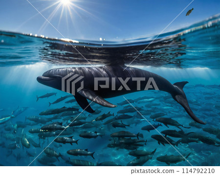 被太陽照亮的領航海豚 114792210