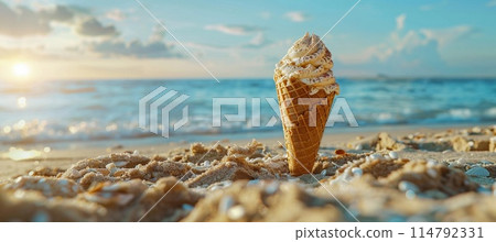 ice cream cone in the sand on a blurred background of the beach and sea 114792331