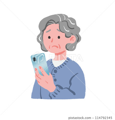Grandma looking at her smartphone with a troubled expression 114792345