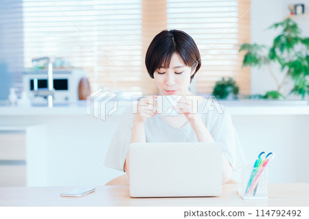 在客廳遠距辦公的家庭主婦。 114792492