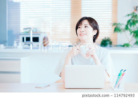 在客廳遠距辦公的家庭主婦。 114792493