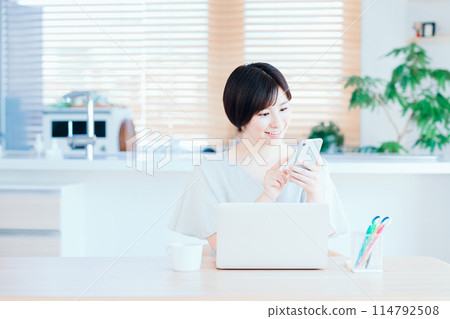 在客廳遠距辦公的家庭主婦。 在客廳遠距辦公的家庭主婦。 114792508