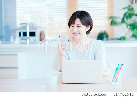 A housewife working remotely in the living room. A housewife working remotely in the living room. 114792516