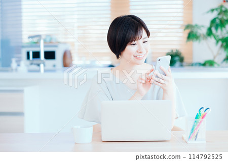 在客廳遠距辦公的家庭主婦。 114792525