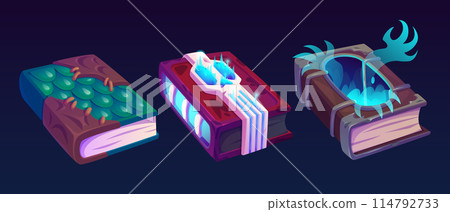 Magic book icon. Old fantasy wizard game vector Magic book icon. Old fantasy wizard game vector 114792733