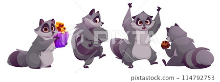 Racoon cartoon character in various poses 114792753