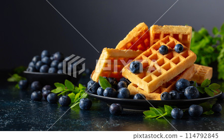 Belgian waffles with fresh blueberries on a black plate. 114792845