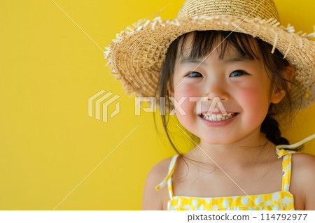Smiling Japanese girl wearing a straw hat (summer vacation, outing, travel) 114792977