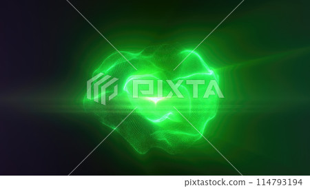 Green energy magic sphere round high-tech digital ball core of light rays waves lines and energy particles. Abstract background 114793194