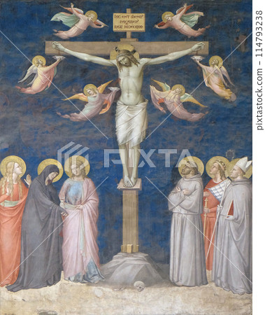 Crucifixion, fresco by Taddeo Gaddi, Sacristy in Basilica di Santa Croce (Basilica of the Holy Cross) - famous Franciscan church in Florence, Italy 114793238
