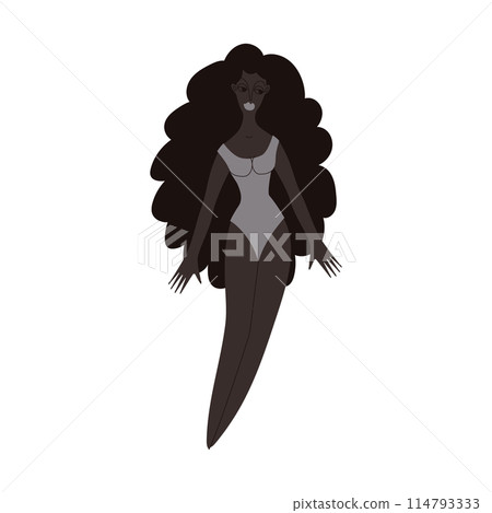 Flat African woman in underwear. Black skin person with black hair in cartoon style for multinational and diversity designs. Vector illustration. 114793333