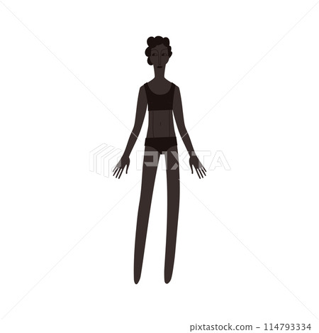 Flat African woman in underwear. Black skin person with black hair in cartoon style for multinational and diversity designs. Vector illustration. Flat African woman in underwear. Black skin person with black hair in cartoon style for multinational and diversity designs. Vector illustration. 114793334