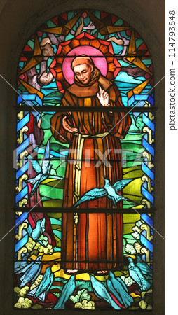 Saint Francis of Assisi, stained glass window in the church of Saint Joseph in Nazareth Saint Francis of Assisi, stained glass window in the church of Saint Joseph in Nazareth 114793848